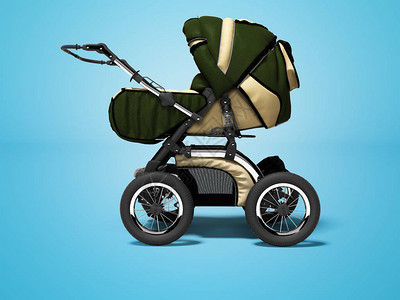 带口袋的儿童多功能绿色婴儿车3d在蓝色背图片