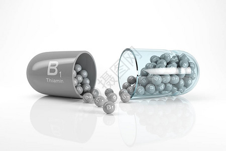 维生素B1维生素胶囊的3d渲染白色反射地板上的硫胺素图片