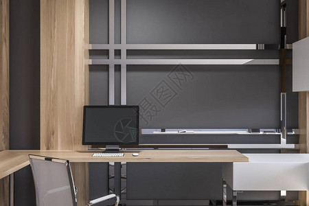 时尚的办公室内部配有灰色和木质墙壁银色条纹瓷砖地板白色和木制电脑桌和白色椅子背景图片