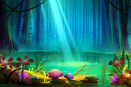 深森林湖内视频游戏数码CG艺术概念说明现实化卡通风格背图片