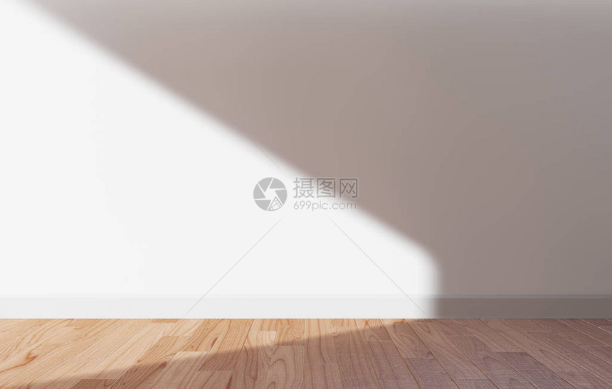 白色墙壁和木地板与阳光3d渲染图片