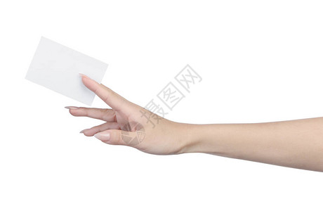 女手中的空纸片与白色隔离的美甲背景图片