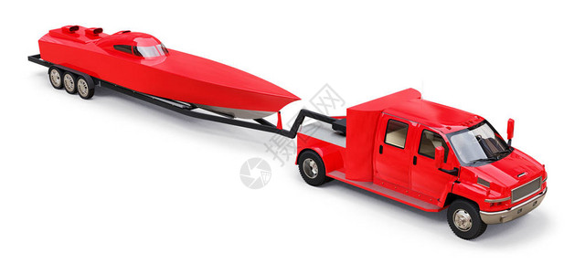 大红色卡车拖车运输赛艇的白色背景图片