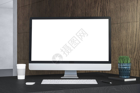 带有空白电脑屏幕咖啡杯和木墙背景的用品的创意设计师桌面Mockup图片
