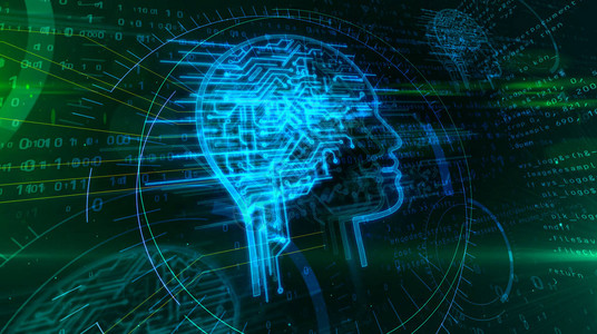 人工智能深度机器学习和网络思维概念3d插图动态数字背景下具有未来控制论大脑的脸形全息图深背景图片