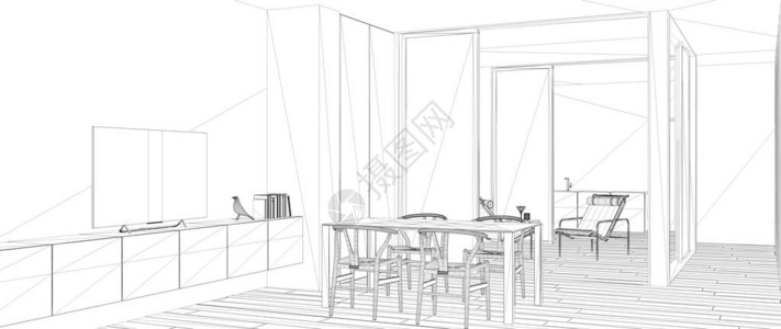 蓝图项目草案带餐桌的简约客厅草图室内设计理念带镶木地板的现代公图片