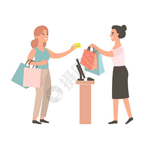 女收银员给买家购买客户拉卖家金信用卡快乐的女孩在商店购物服装店概念中图片