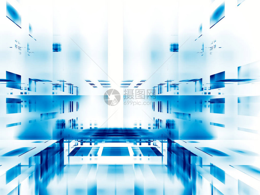 抽象的门户或块隧道白色和蓝色背景分形计算机生成的3d插图未来技术vr或数据科学概念背景图片