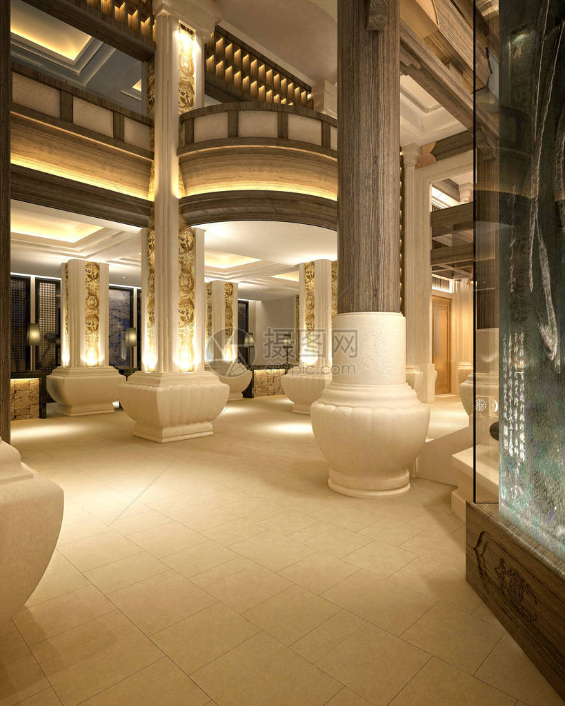 豪华酒店接待处和大堂的3d渲染图片