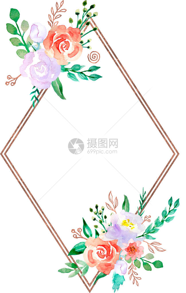 带有青铜边框的水彩花卉框架婚礼周年纪念生日浪漫活动的花卉插图白色背景上图片
