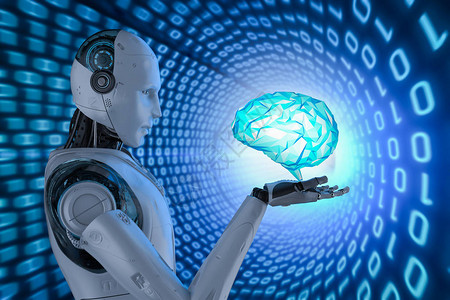 Ai具有大脑概念的Ai与3D转换机器人和蓝背景图片