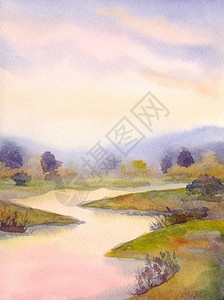 手工制作的亮粉色水彩画素描在纸背景空间上用于文本的安静雾峡谷地平线视图场景在平静的野生山谷公园小溪上手绘浅黄色多背景图片