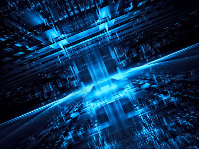抽象的未来主义背景蓝色神秘门户空间站或不寻常的数据中心计算机生成的3d插图分形科幻或vr概念用于桌面壁背景图片