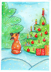 小狐狸新年圣诞树节礼物雪冬贺卡红水红绿色黄图片