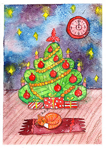 小睡橘猫新年圣诞树节日礼物雪冬天贺卡水彩红色绿色黄色蓝色紫图片