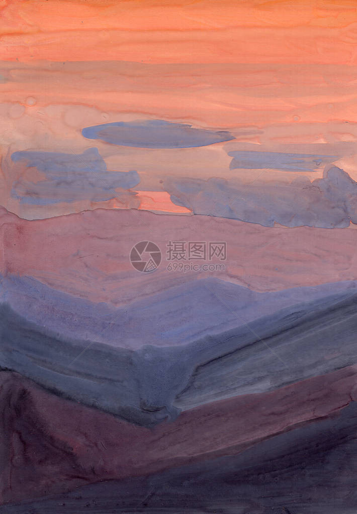 夕阳山水粉画图片