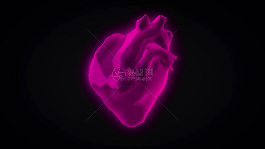 色彩多的3D心脏跳动模型在黑暗背景上旋转的图片