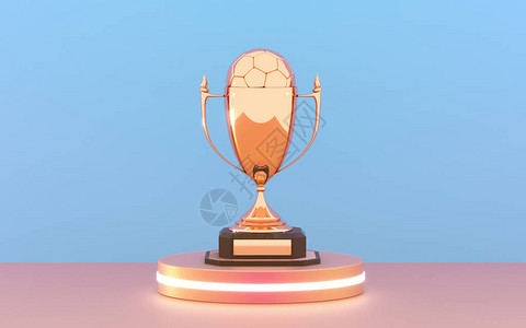 与足球在讲台上的金色奖杯优胜者杯和足球闪亮的金色奖杯与足球的木架子上图片