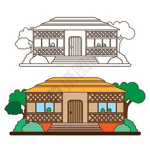 森林或农村的农舍卡通风格树中的棚屋平板线样式插图单图片