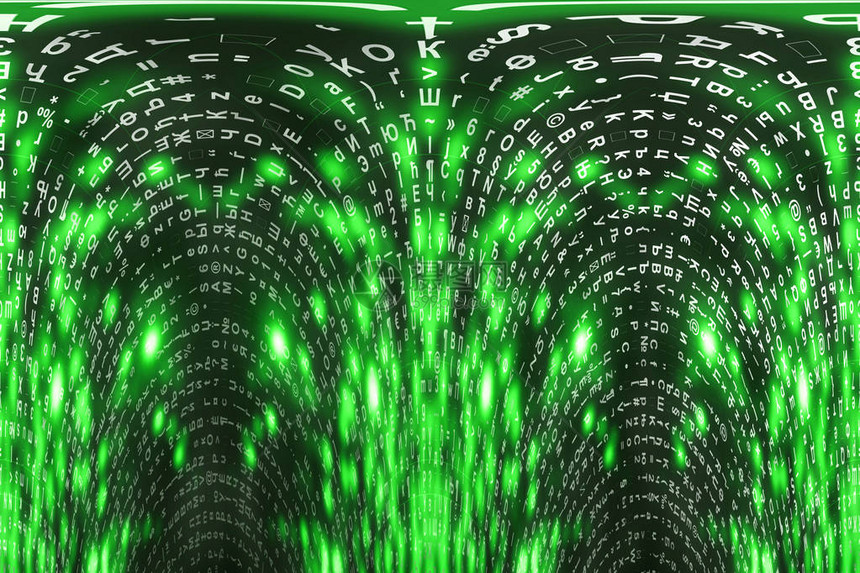 绿色矩阵数字背景扭曲的网络空间概念倒地来自符号流的矩阵虚拟现实设计复杂的算法数据黑客图片