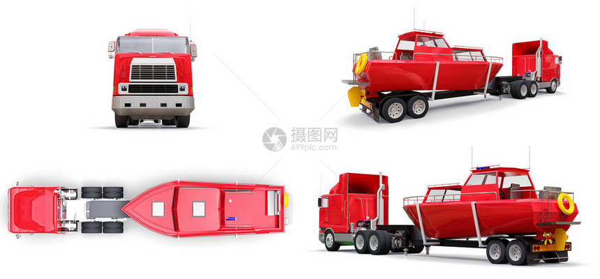 设置大红色卡车和拖车用白色背景运输船只图片