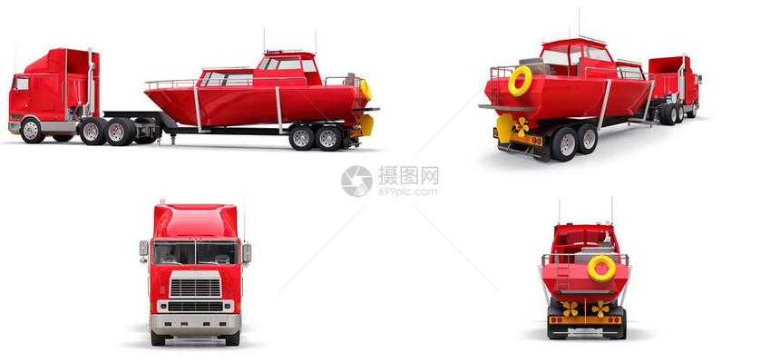 设置大红色卡车和拖车用白色背景运输船只图片