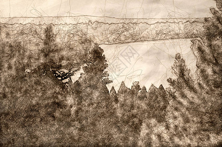 深藏于松林中的山湖素描图片
