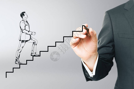 吸引商人在灰色背景上走抽象阶梯的侧面观点增长和成功的概念图片