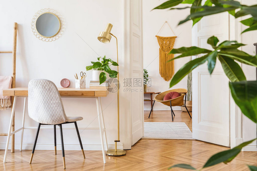 时尚的斯堪的纳维亚风格的公寓内部配有木桌扶手椅设计配件和家具图片