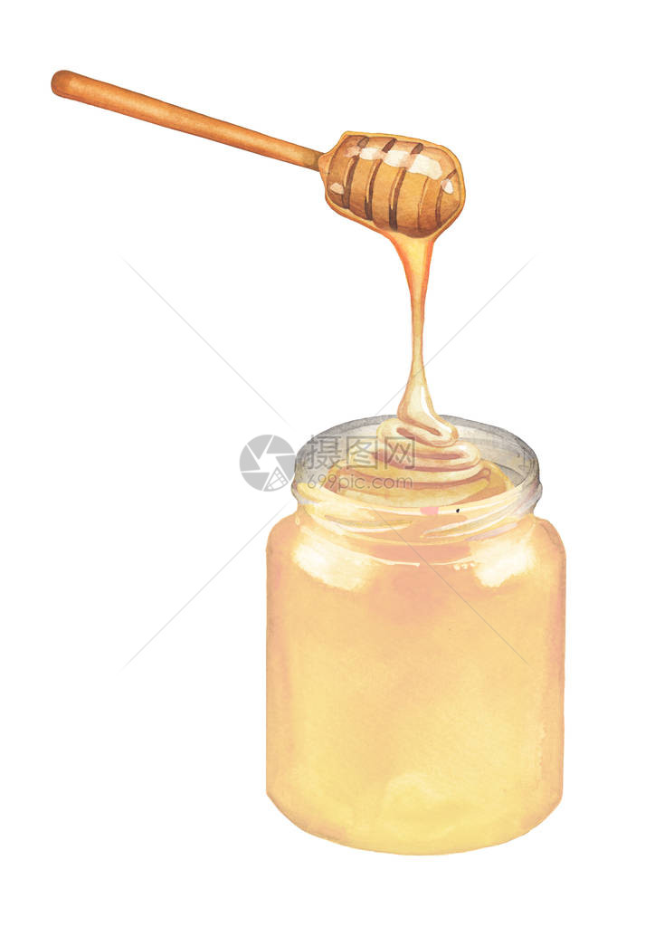 水彩色浅蜂蜜从到瓶中流出手图片