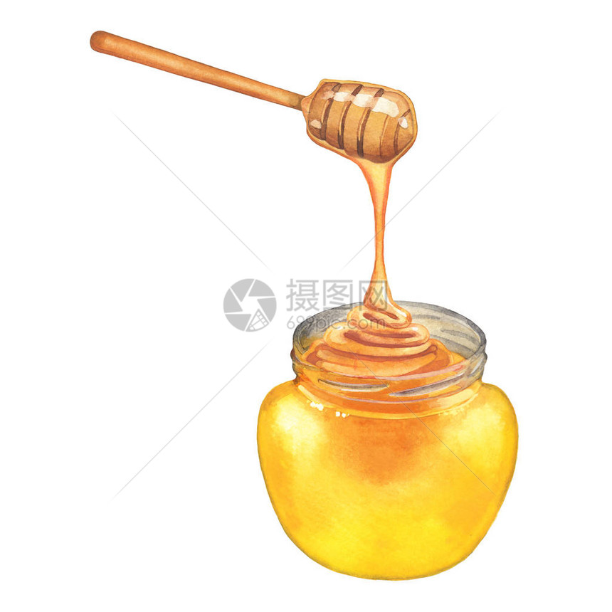 水彩蜂蜜从浸水器流到瓶子里手图片