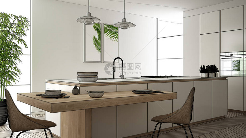 蓝图草设计理念建筑师设计师项目现代清洁现代厨房岛屿和带椅子的餐桌镶木地板图片