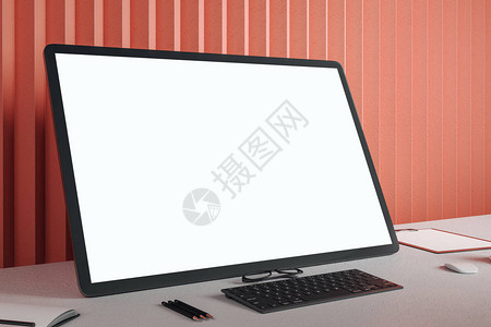 带有空白电脑屏幕和粉红色墙壁背景的用品的创意设计师桌面Mockup图片