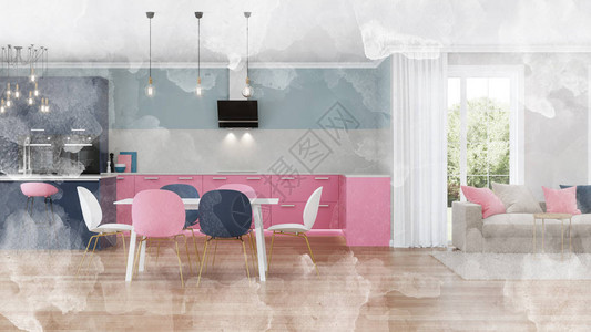 现代室内粉红厨房水彩图片