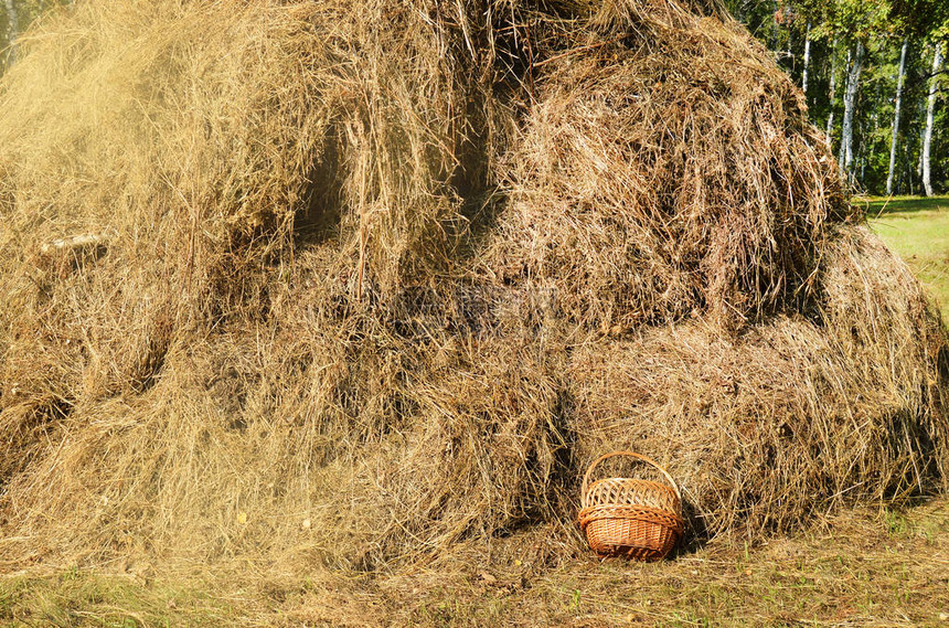 以干草堆为背景的Wicker野餐篮子桑尼夏日真图片