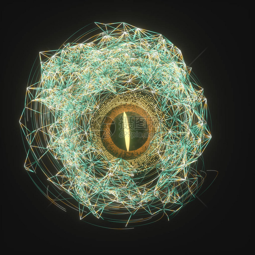 抽象机械眼球配合高科技线条3d渲染图片