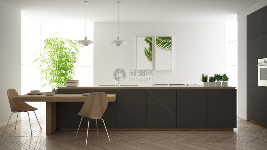 现代干净的现代灰色厨房带椅子的岛屿和木制餐桌竹子和盆栽植物大窗户和人字形镶木地板简图片