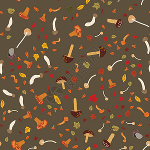 混合蘑菇和秋叶的无缝多彩图案平板漫画风图片