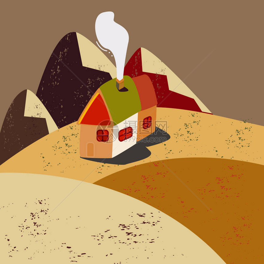 含有山地和房屋的秋色风景平面卡通风格图片
