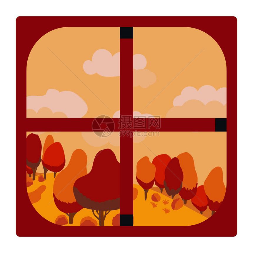显示风景的秋天窗口平面卡通风格图片