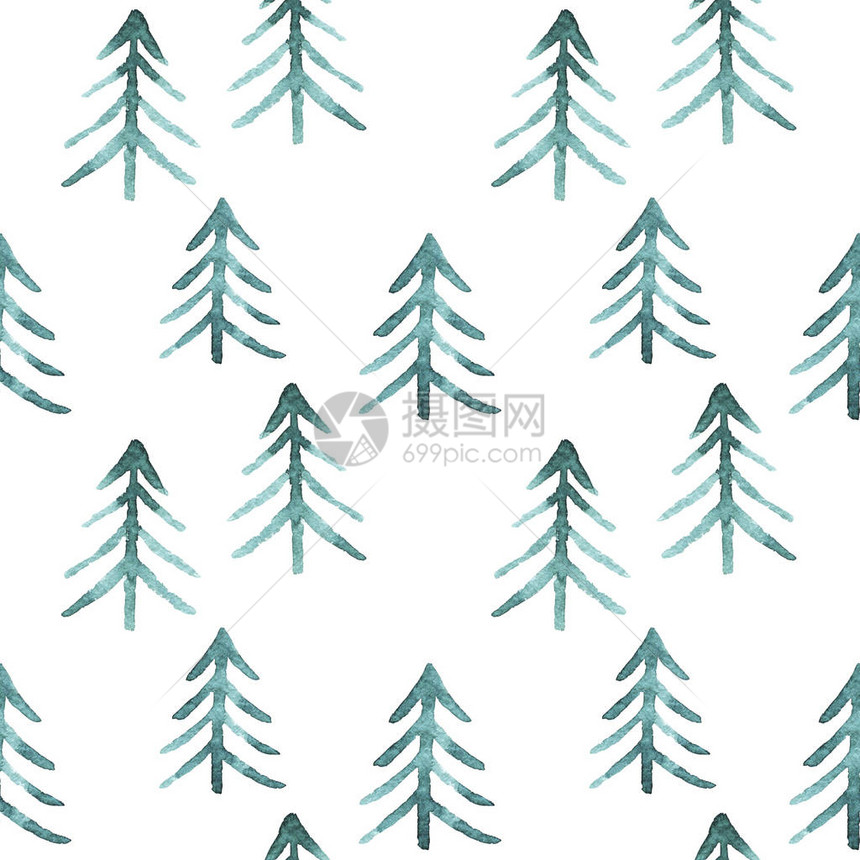 白色背景上的水彩绿色枞树无缝图案圣诞树新年快乐背景寒假纺织品包装壁图片