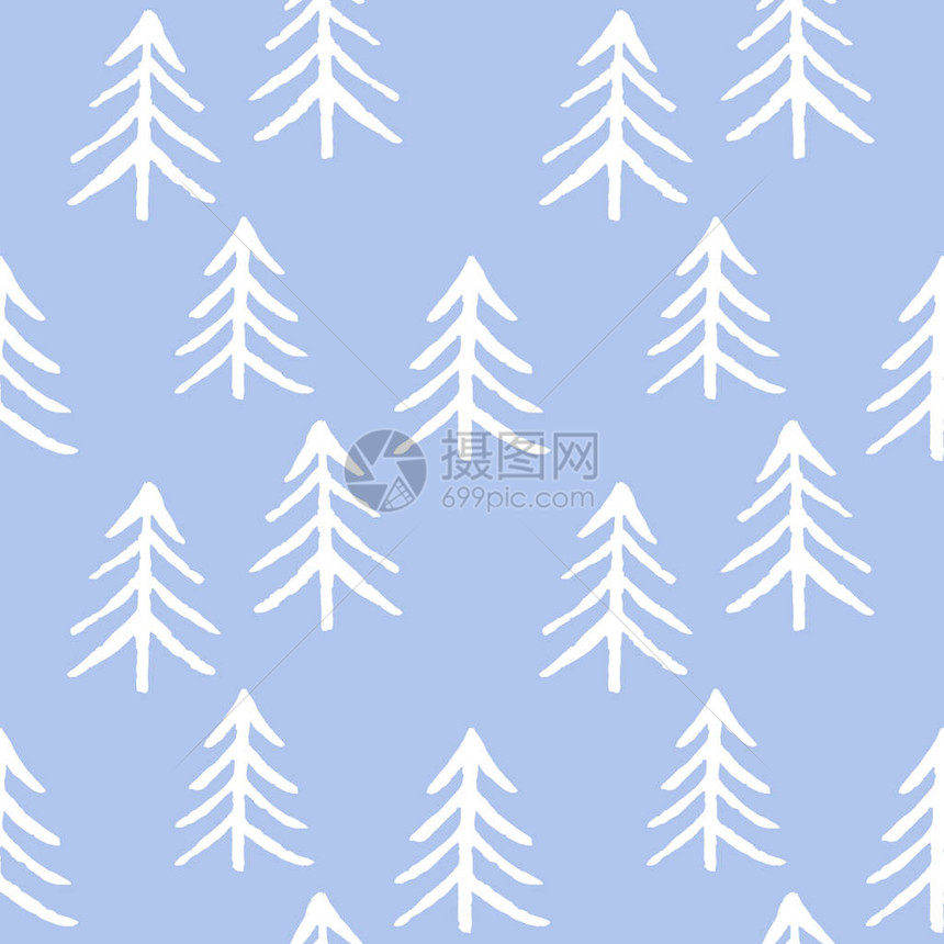 蓝色背景上的无缝模式白色枞树圣诞树新年快乐背景寒假纺织品包装壁图片