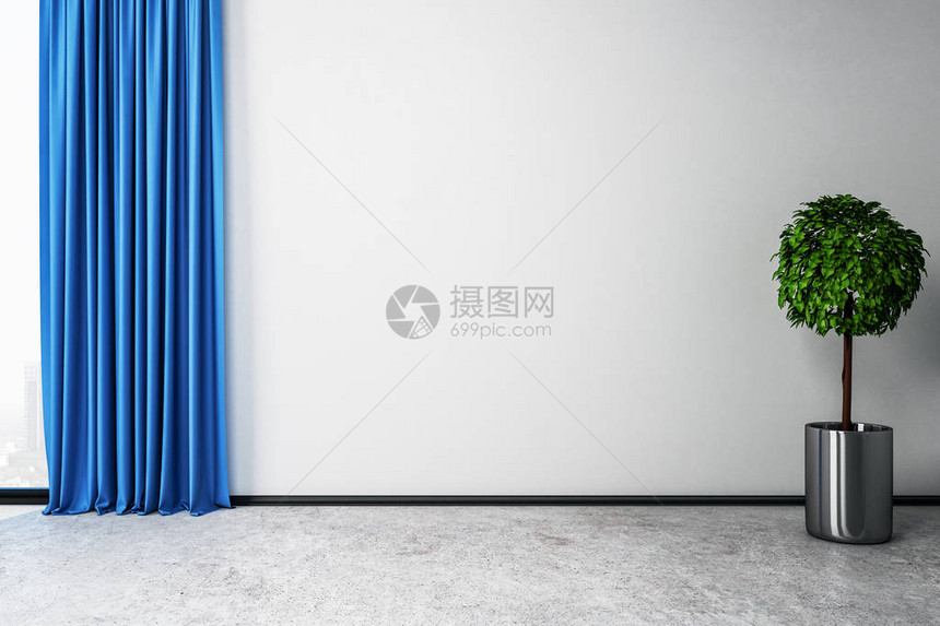 现代房间内部配有窗帘装饰植物和空荡的白墙模拟图片