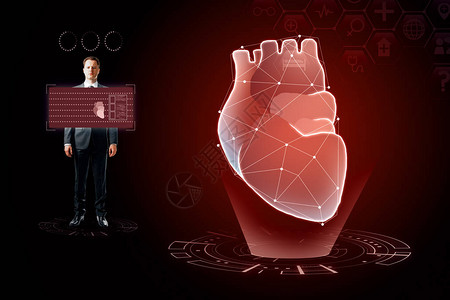 创意发光的红色数字心脏未来主义界面全息图在深色壁纸上医学心脏病图片
