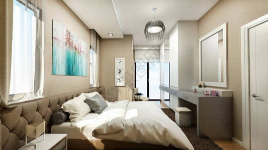 现代家庭卧室的3d渲染图片