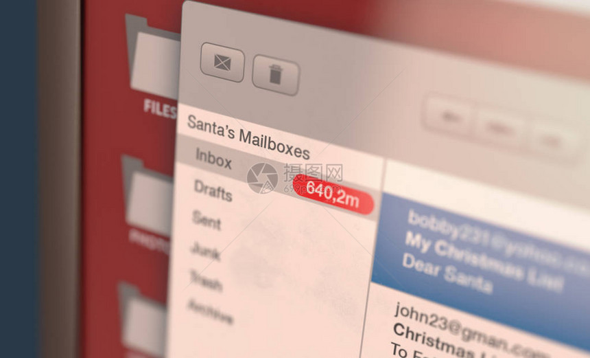显示在圣诞老人电子邮件收箱中收到的数百万未读儿童愿望清单电子邮件的概念图片