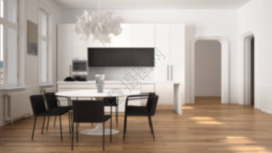模糊背景的室内设计简约的厨房在经典的房间拼花地板餐桌椅子岛和全景窗户现代建筑概念理念背景图片
