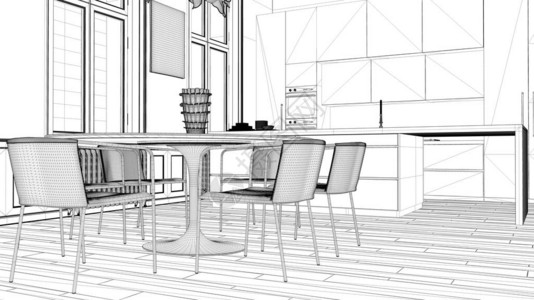 蓝图项目草案带装饰条的经典房间的简约厨房镶木地板带椅子的餐桌现代建筑图片