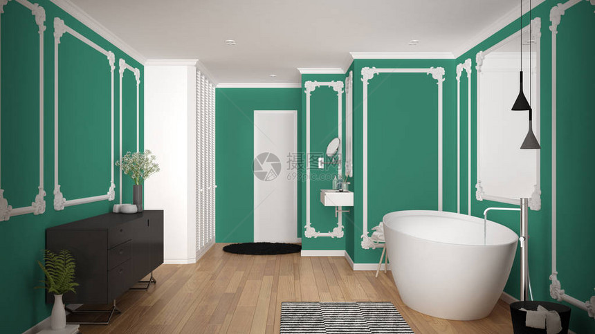 古典室内现代白色和绿宝石洗手间墙模面板配有地毯和附件的浴缸最小水槽和装图片