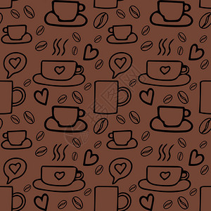咖啡豆和杯子手绘涂鸦风格无缝图案简单的班轮斯堪的纳维亚风格的饮料纺织品纸张菜单咖啡馆背景图片